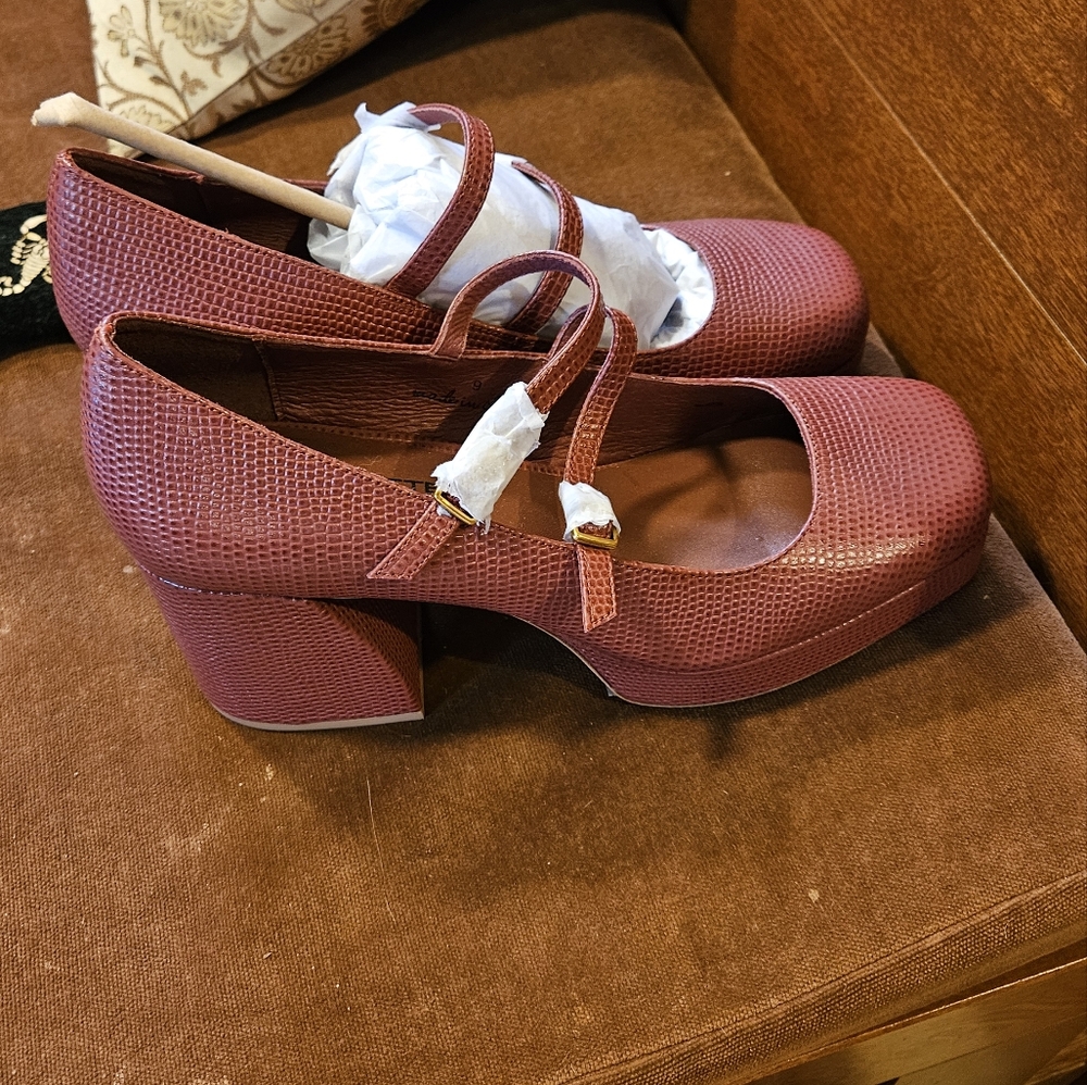 Women's Mary Jane Platform Heels in Burgundy Faux Lizard
